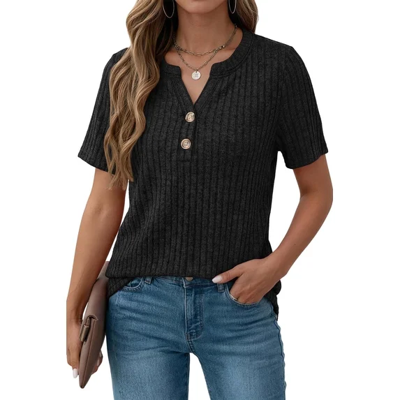 Fantaslook V Neck Tops for Women Short Sleeve Henry Shirts with Button Dressy Casual Summer Blouses Tops