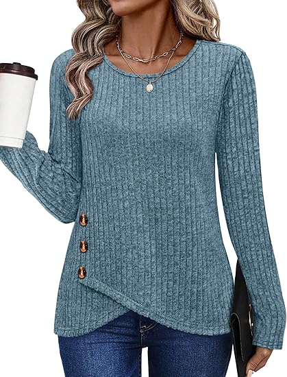 Fantaslook Casual Tops for Women Long Sleeve Shirts with Buttons Crew Neck Tunic Sweaters Fall Fashion Outfits