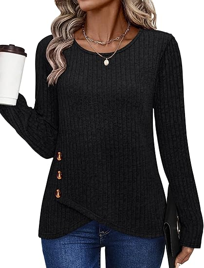 Fantaslook Casual Tops for Women Long Sleeve Shirts with Buttons Crew Neck Tunic Sweaters Fall Fashion Outfits