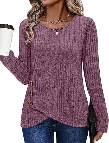 Fantaslook Casual Tops for Women Long Sleeve Shirts with Buttons Crew Neck Tunic Sweaters Fall Fashion Outfits