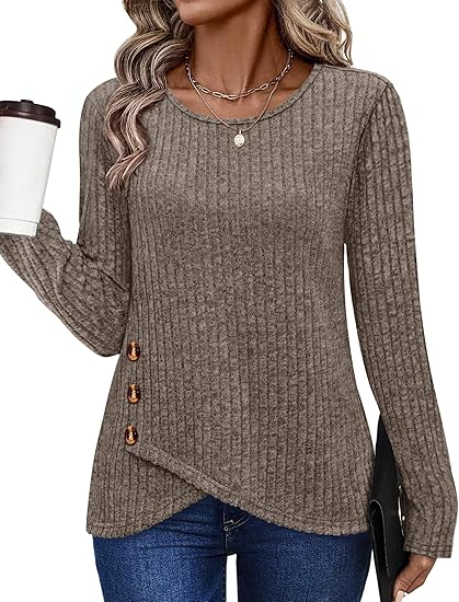Fantaslook Casual Tops for Women Long Sleeve Shirts with Buttons Crew Neck Tunic Sweaters Fall Fashion Outfits