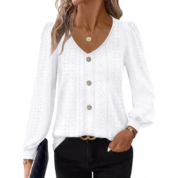 Fantaslook Tops for Women V Neck Long Sleeve Blouses Eyelet Casual Fall Shirts Trendy