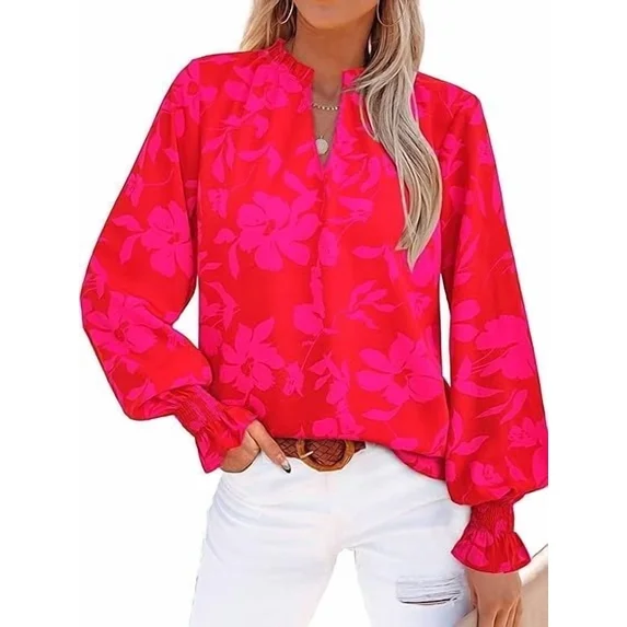 Fantaslook Floral V Neck Blouses for Women Loose Lined Flowy Shirts Trendy Smocked Cuff Long Sleeve Tops