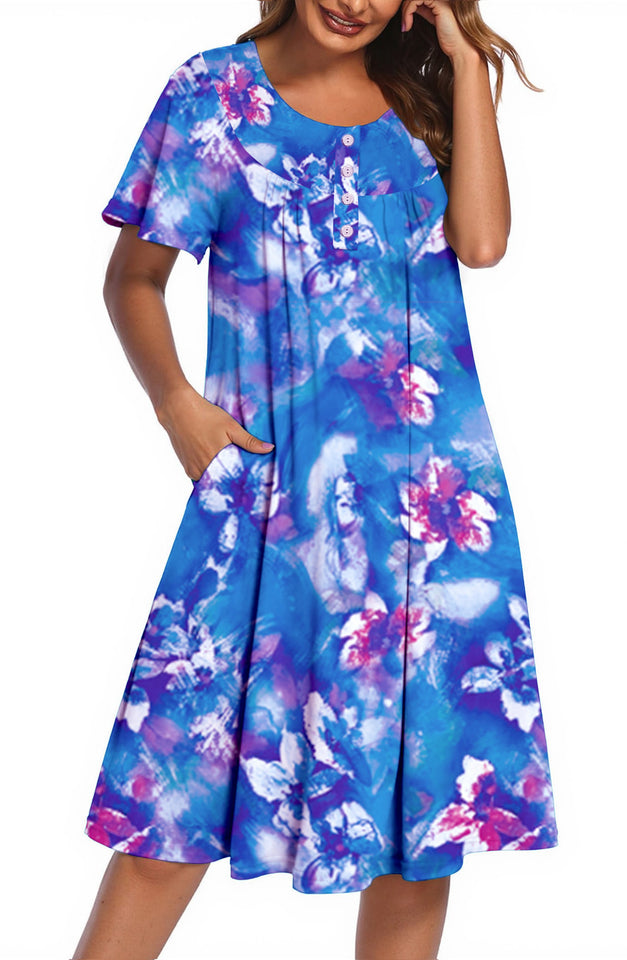 Fantaslook Flowy Womens Dresses Ruffle Sleeve Henley Summer Dress Loose Floral Midi Dresses with Pockets