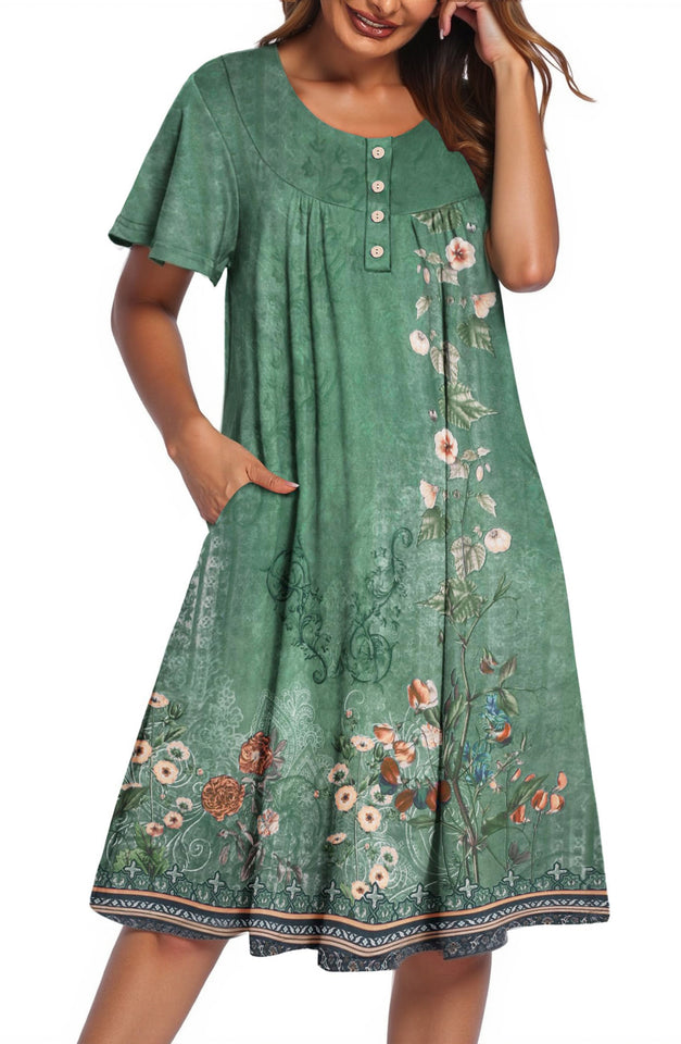 Fantaslook Flowy Womens Dresses Ruffle Sleeve Henley Summer Dress Loose Floral Midi Dresses with Pockets