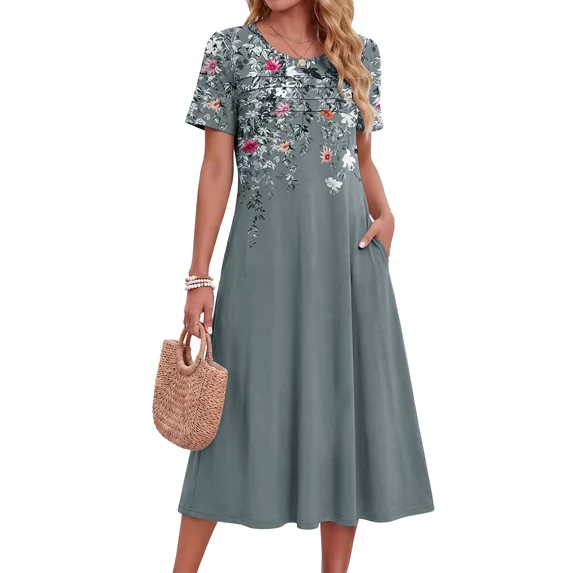 Fantaslook Pleated Summer Dresses for Women Short Sleeve A Line Midi Dress Flowy Floral Sundress Casual Dress with Pockets
