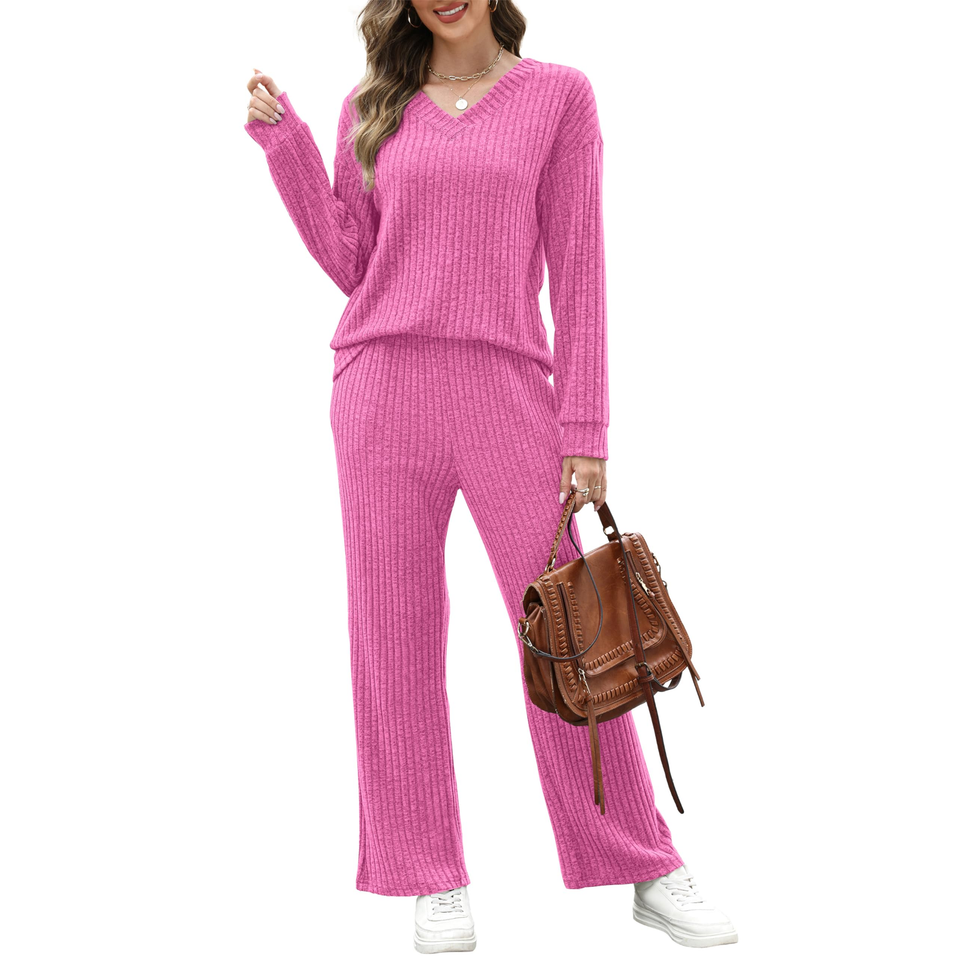 Fantaslook Two Piece Lounge Sets for Women Vacation Travel Fall Outfits V Neck Tops Wide Leg Pants Matching Sets Women Clothing