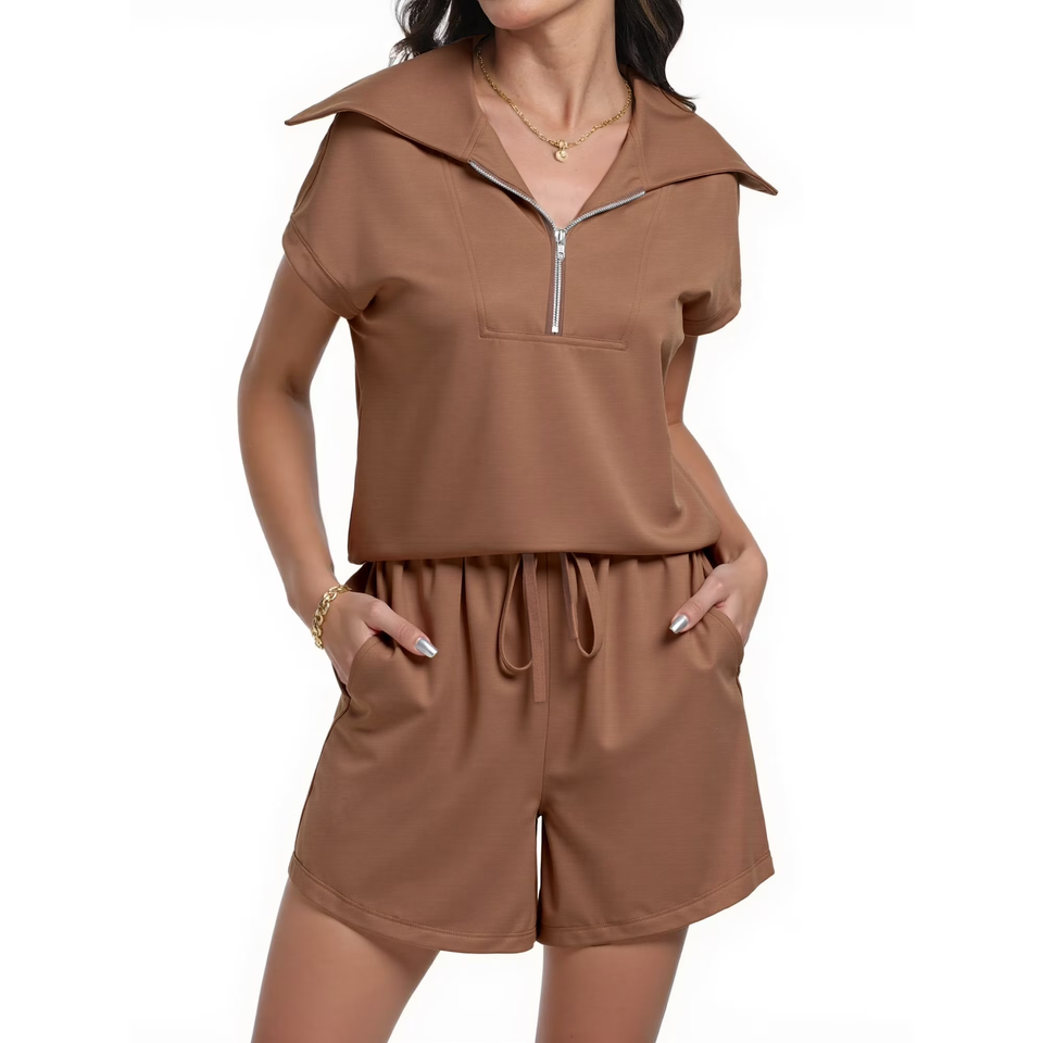 Fantaslook Womens 2 Pieces Outfits Half Zip Lapel Collar Lounge Set Cap Sleeve Summer Sets with Pockets