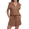 Fantaslook Womens 2 Pieces Outfits Half Zip Lapel Collar Lounge Set Cap Sleeve Summer Sets with Pockets