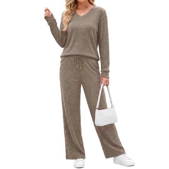 Fantaslook Two Piece Lounge Sets for Women Vacation Travel Fall Outfits V Neck Tops Wide Leg Pants Matching Sets Women Clothing