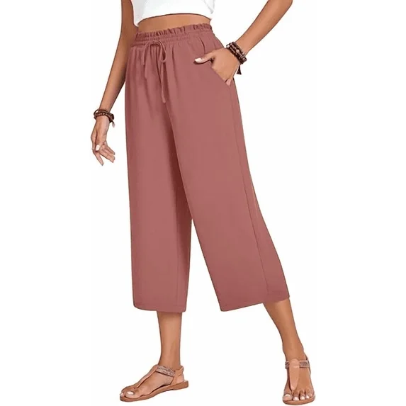 Fantaslook Women Capri Pants Wide Leg High Waisted Drawstring Capris Summer Casual Linen Cropped Pants with Pockets