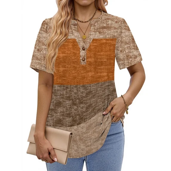 Fantaslook V Neck Henley Blouses for Women Dressy Casual Tops Summer Short Sleeve Shirts Fashion Clothes