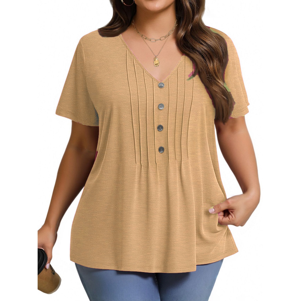 Fantaslook Plus Size Blouses for Women Pleated Button Short Sleeve Shirts Casual V Neck Tunic Tops