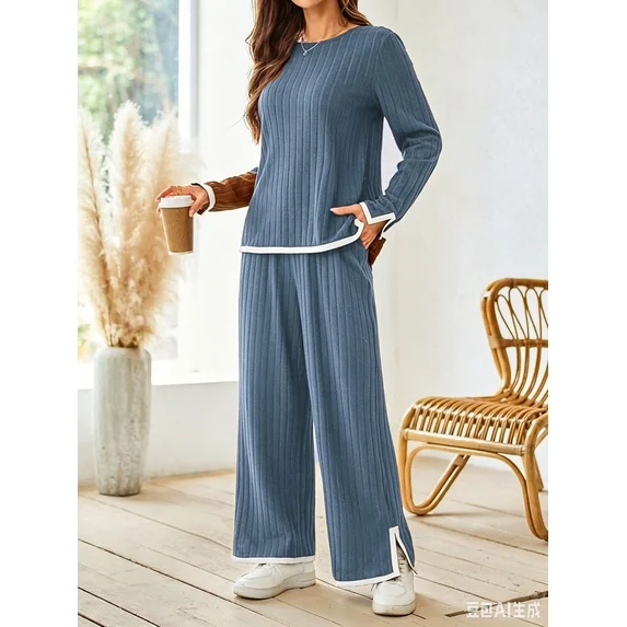 Fantaslook 2 Piece Sets for Women Travel Outfits Color Block Long Sweater Lounge Sets Splits Hem Tracksuits with Pockets