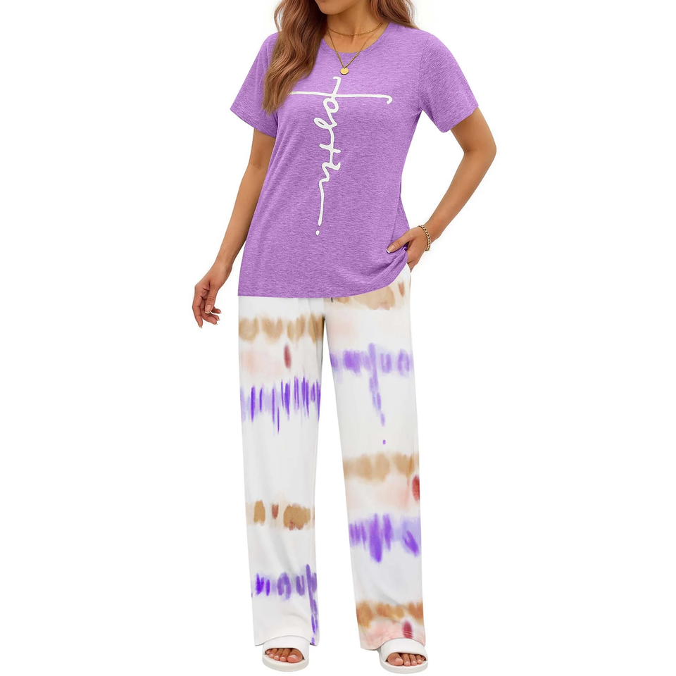 Fantaslook Womens Pajamas Sets Crewneck Short Sleeve Printed 2 Piece Outfits Set Tie Dye Casual Loungewear with Pockets