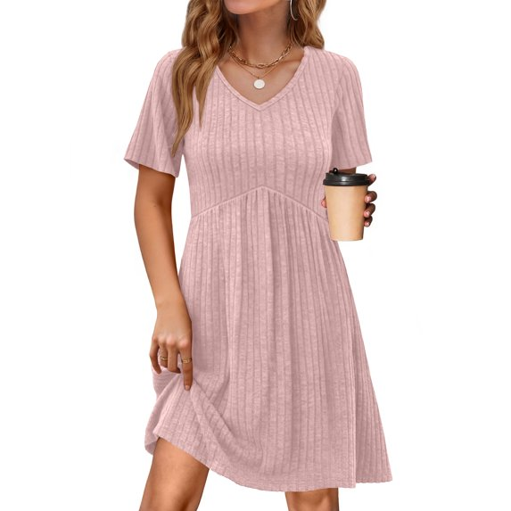 Fantaslook Short Sleeve Dresses for Women V Neck Summer Midi Dresses Empire Waist Tunic Casual Dress with Pockets