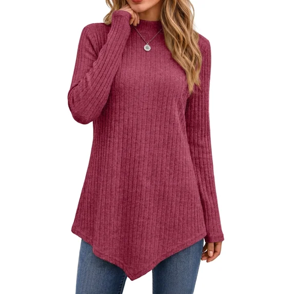 Fantaslook Mock Turtleneck Sweaters for Women Dressy Long Sleeve Pullover Fall Tunic Tops Asymmetrical Hem Soft Sweaters
