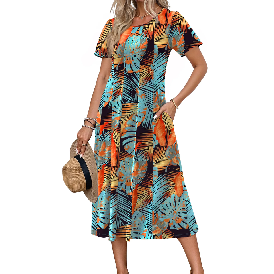 Fantaslook Summer Dresses for Women Casual Short Sleeve Pleated Dress Flowy Floral Dress with Pockets Flare Midi Sundress