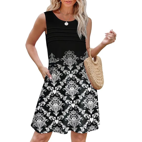 Fantaslook Pleated Tank Dresses for Women Fashion Summer Sleeveless Sundress Casual Beach Dress with Pockets