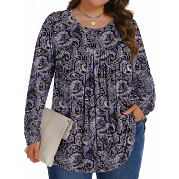 Fantaslook Womens Plus Size Tops Fall Long Sleeve Shirts Crew Neck Casual Loose Tunic Blouses