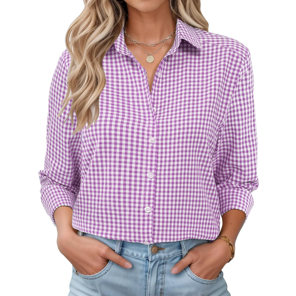 Fantaslook Plaid Button Down Shirts for Women Dressy Casual Long Sleeve Shirts Collared Work Blouses Tops