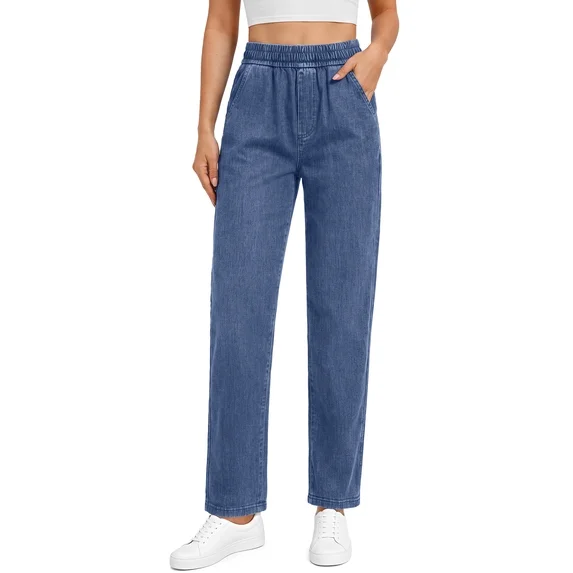Fantaslook Pull On Jeans for Women Straight Leg Casual Pants Elastic Waist Denim Pants with Pockets