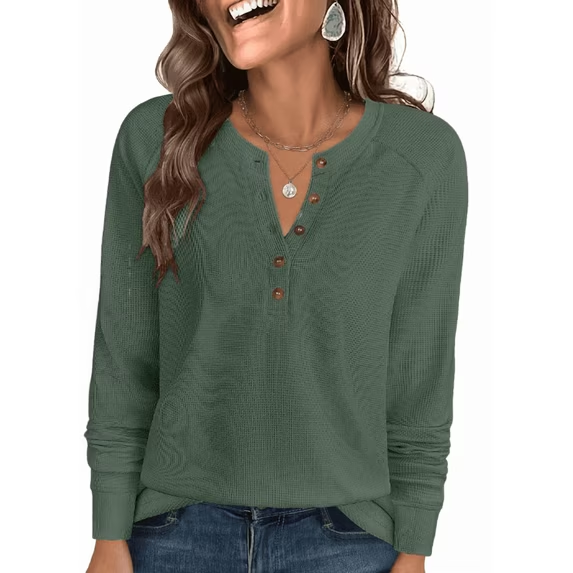 Fantaslook Waffle Long Sleeve Shirts for Women Button Up V Neck Henley Blouses Dressy Casual Fall Tops