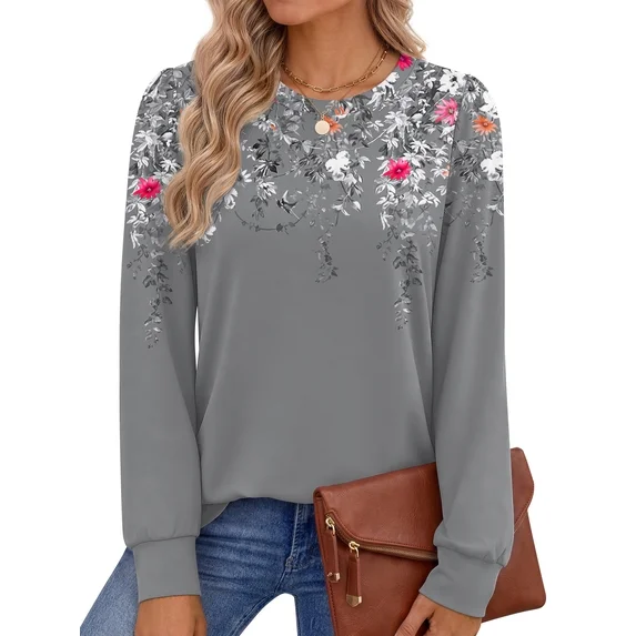 Fantaslook Womens Long Sleeve Shirts Fall Tunic Tops Casual Crewneck Floral Blouses
