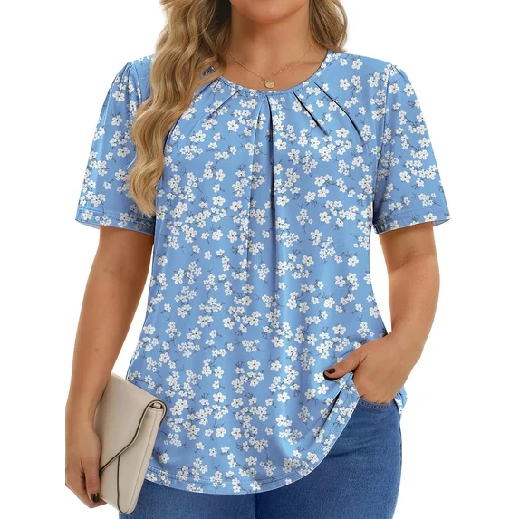 Fantaslook Dressy Blouses for Women Pleated Short Sleeve Tunic Tops Casual Floral Shirts