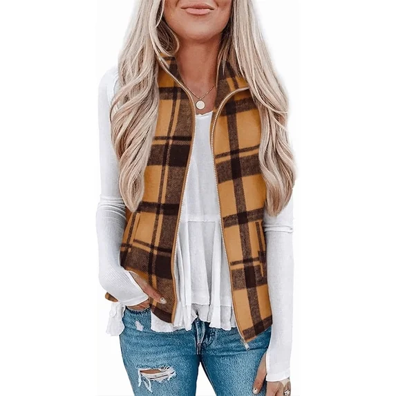 Fantaslook Women Plaid Outwear Vest Lightweight Sleeveless Jackets Zipper Fall Winter Coats with Pockets