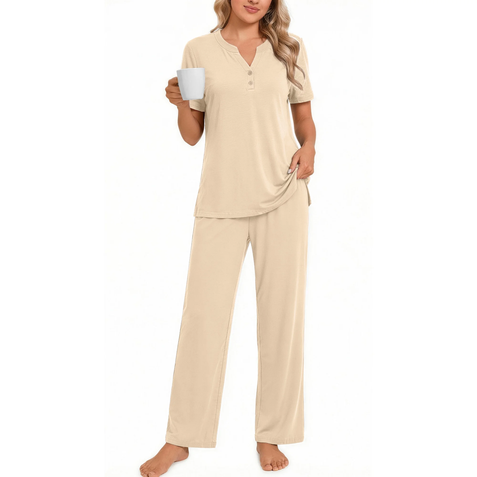 Fantaslook Womens Pajamas Sets V Neck Buttons Short Sleeve Top and Pant with Pockets Lounge Wear Set Outfits