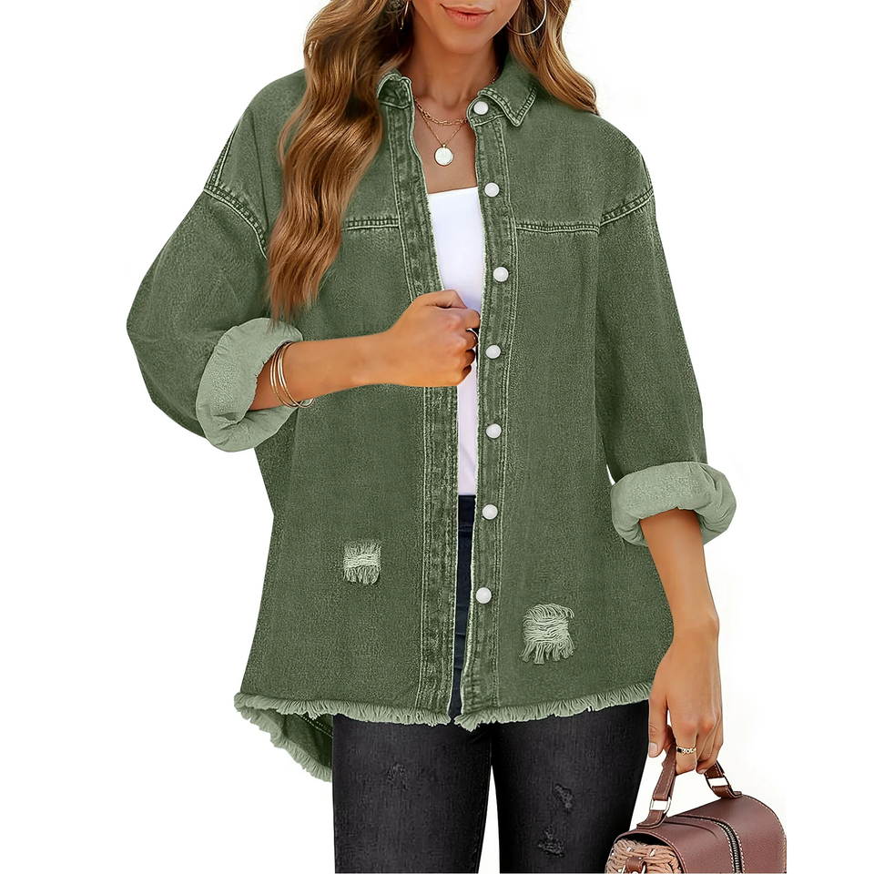 Fantaslook Denim Jackets for Women Trendy Frayed Hem Shackets Casual Button Up Jean Jacket Coats