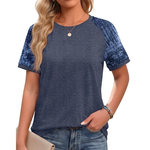 Fantaslook Color Block T Shirts for Women Crewneck Short Sleeve Tops Summer Blouses Fashion Clothes