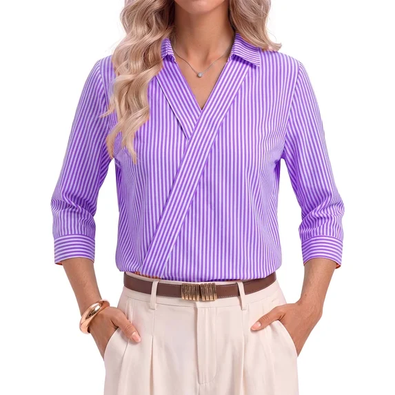 Fantaslook 3/4 Sleeve Womens Striped Tops V Neck Lapel Shirts Dressy Business Work Blouses Trendy Fashion Tops