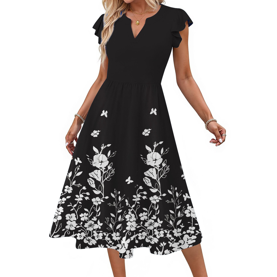 Fantaslook Summer Dresses for Women Ruffle Sleeve V Neck Midi Dresses Fashion Casual Flowy Vacation Sundress