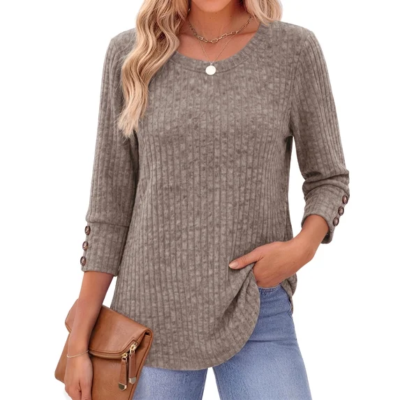 Fantaslook Womens 3/4 Sleeve Shirts with Buttons Dressy Casual Blouses Tunic Tops Fall Clothes