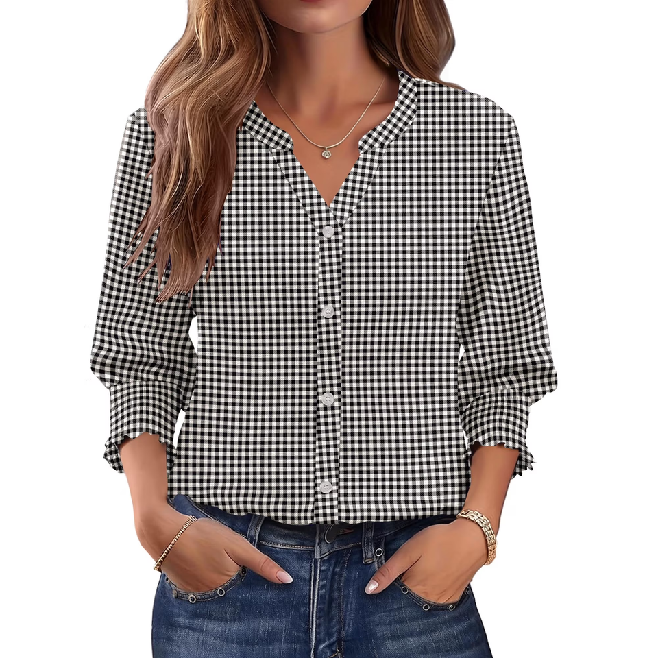 Fantaslook Plaid Button Down Shirts for Women 3/4 Sleeve V neck Work Shirt with Smocked Cuffs Dressy Cotton Blouses Tops