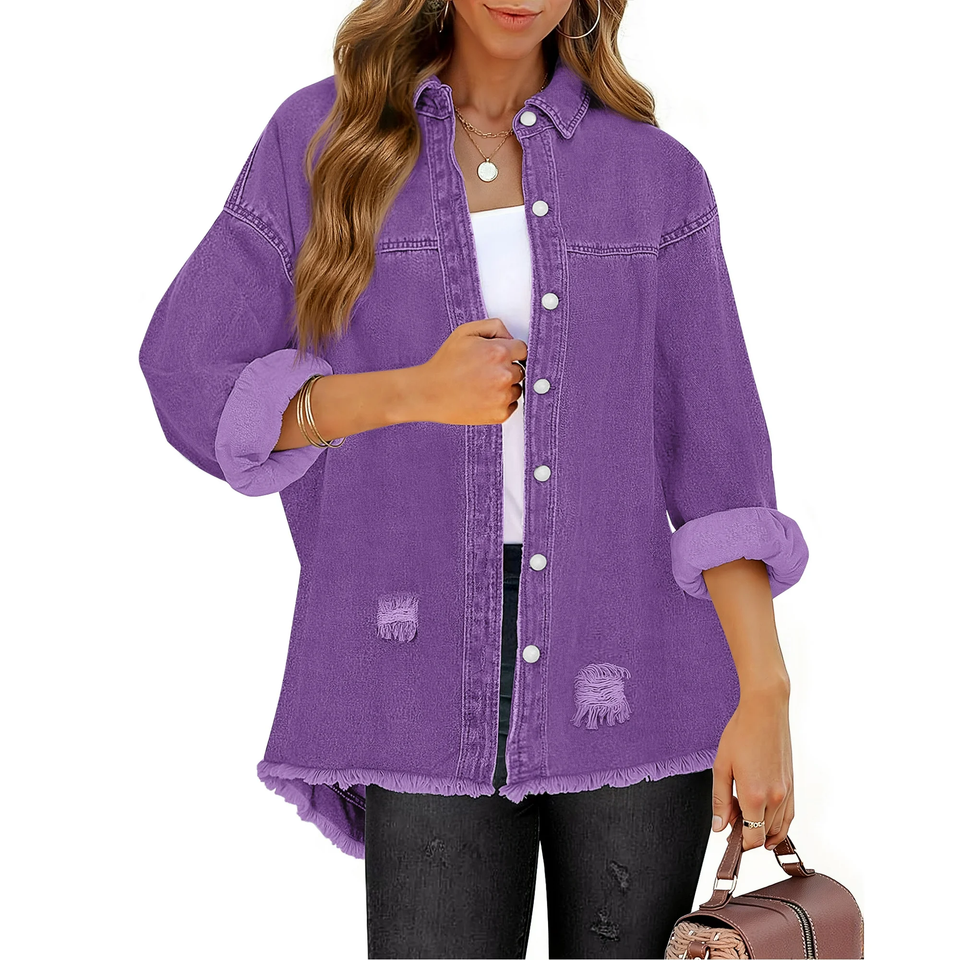 Fantaslook Denim Jackets for Women Trendy Frayed Hem Shackets Casual Button Up Jean Jacket Coats