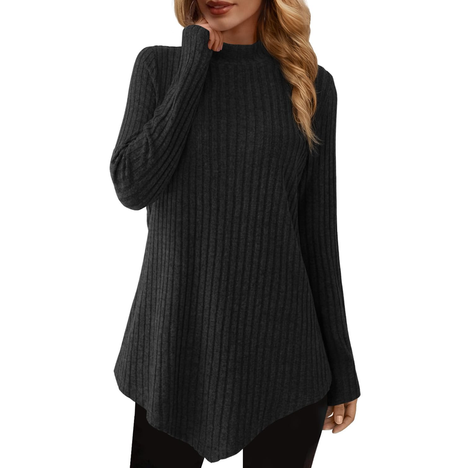 Fantaslook Mock Turtleneck Sweaters for Women Dressy Long Sleeve Pullover Fall Tunic Tops Asymmetrical Hem Soft Sweaters