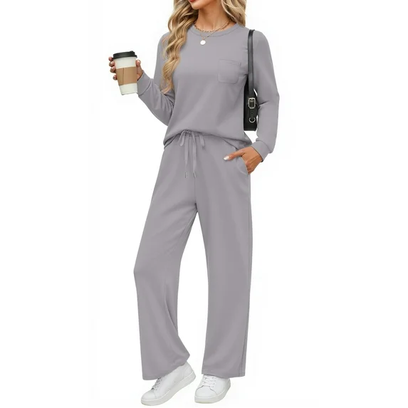 Fantaslook Two Piece Lounge Sets for Women Fall Outfits Long Sleeve Tops Wide Leg Pants Matching Sets Vacation Travel Outfits