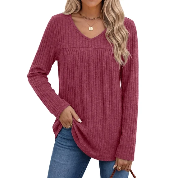 Fantaslook Long Sleeve Shirts for Women V Neck Lightweight Sweaters Casual Fall Tunic Tops Fashion Spring Clothes