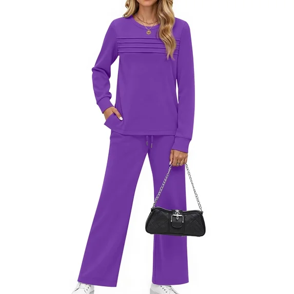 Fantaslook Two Piece Sets for Women Fall Travel Vacation Outfits Pleated Long Sleeve Lounge Sets Wide Leg Pants