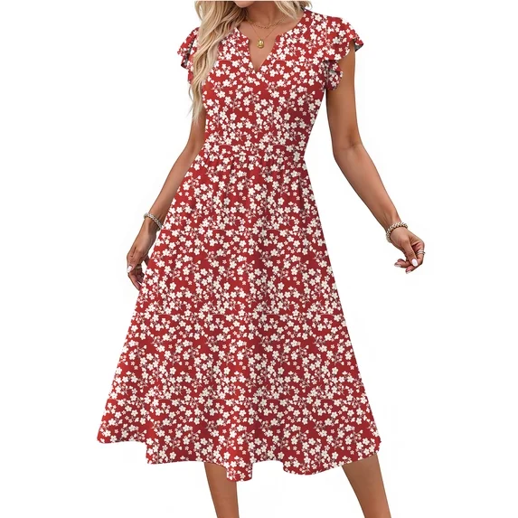 Fantaslook Summer Dresses for Women Ruffle Sleeve V Neck Midi Dresses Fashion Casual Flowy Vacation Sundress