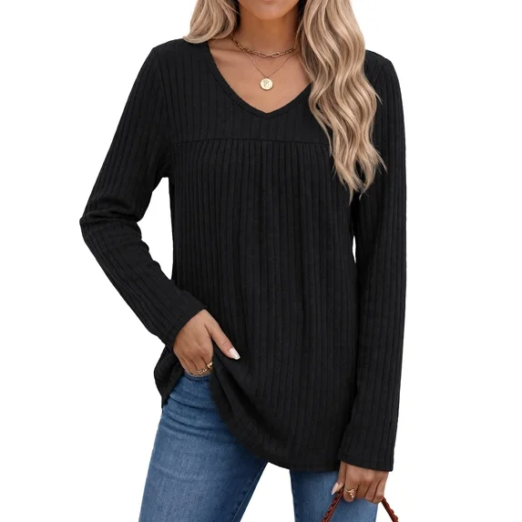 Fantaslook Long Sleeve Shirts for Women V Neck Lightweight Sweaters Casual Fall Tunic Tops Fashion Spring Clothes