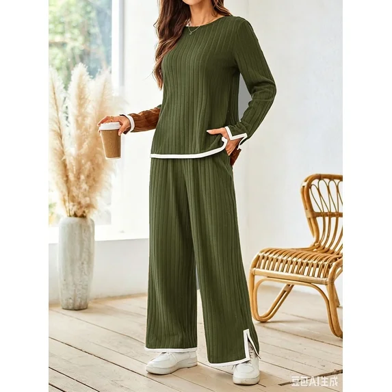 Fantaslook 2 Piece Sets for Women Travel Outfits Color Block Long Sweater Lounge Sets Splits Hem Tracksuits with Pockets