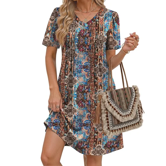 Fantaslook Summer Dresses for Women Short Sleeve Pleated V Neck Dress A Line Casual Tunic Dresses with Pockets