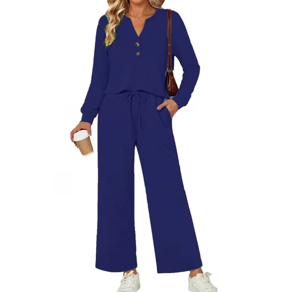 Fantaslook Fall Fashion Two Piece Lounge Sets for Women Henley V Neck Vacation Travel Outfit Casual Wide Leg Pants Matching Sets Women Clothing