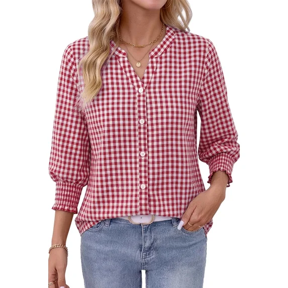 Fantaslook Plaid Button Down Shirts for Women V neck 3/4 Sleeve Shirt with Smocked Cuffs Dressy Cotton Blouses Tops