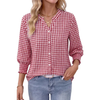 Fantaslook Plaid Button Down Shirts for Women V neck 3/4 Sleeve Shirt with Smocked Cuffs Dressy Cotton Blouses Tops
