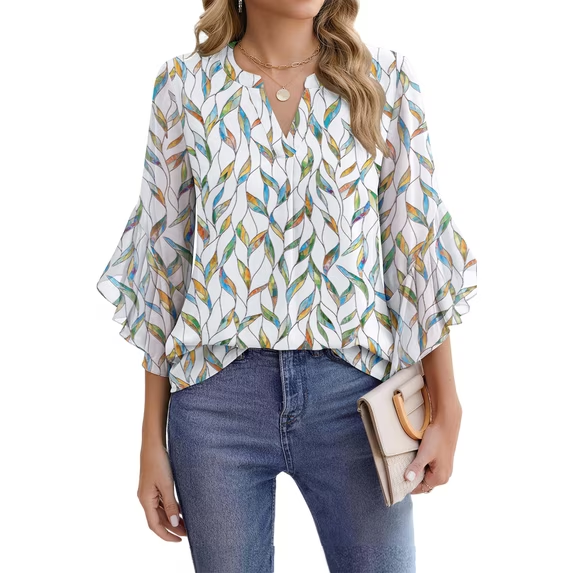 Fantaslook Blouses for Women 3/4 Ruffle Sleeve Summer Tops V Neck Business Work Blouse Dressy Casual Shirts